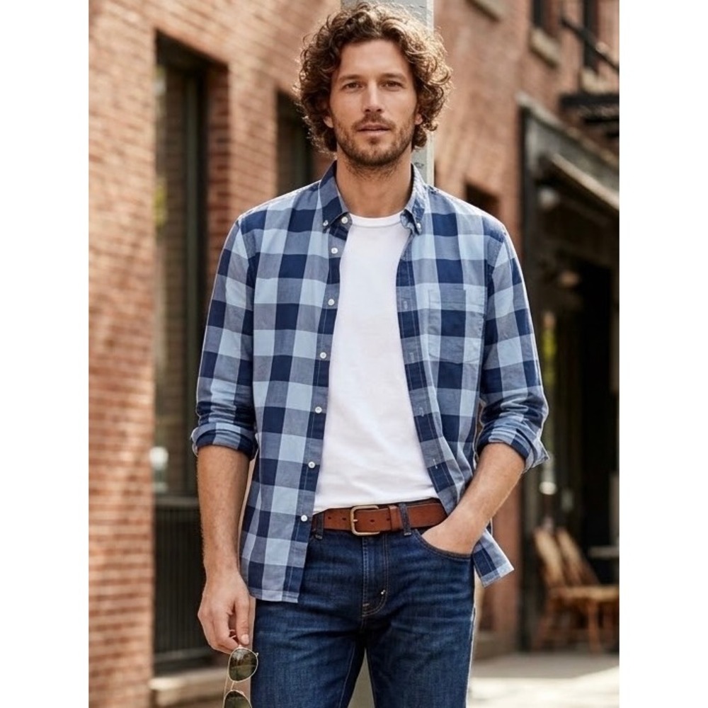 J.Crew Mens Blue Buffalo Check Lightweight Cotton Button Down Shirt L Tall